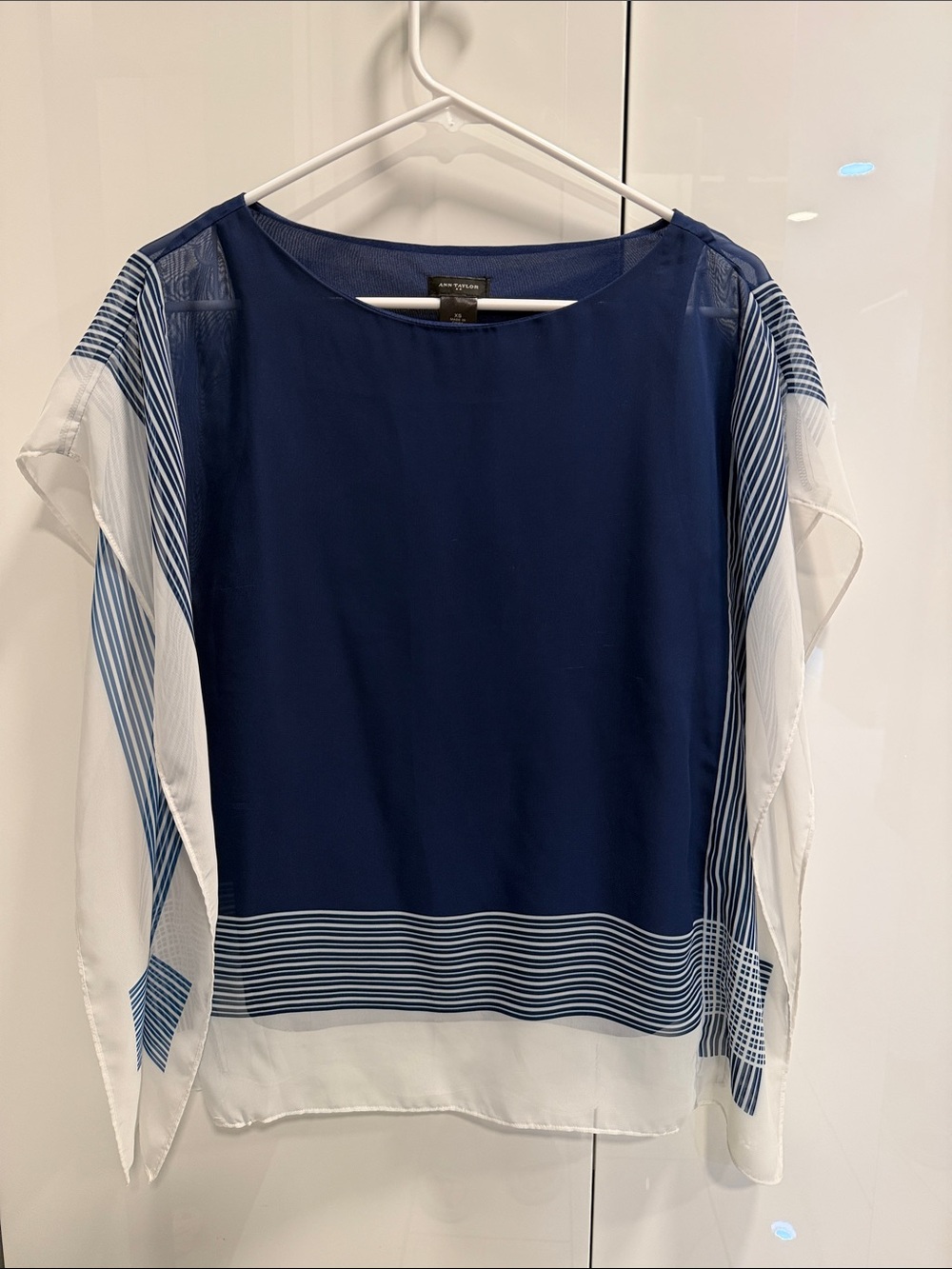 Ann Taylor Womens Navy and White Sheer Panel Blouse, tank to liner underneath.